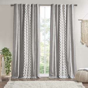 Imani Cotton Printed Curtain Panel with Chenille Stripe and Lining in Gray From INK+IVY