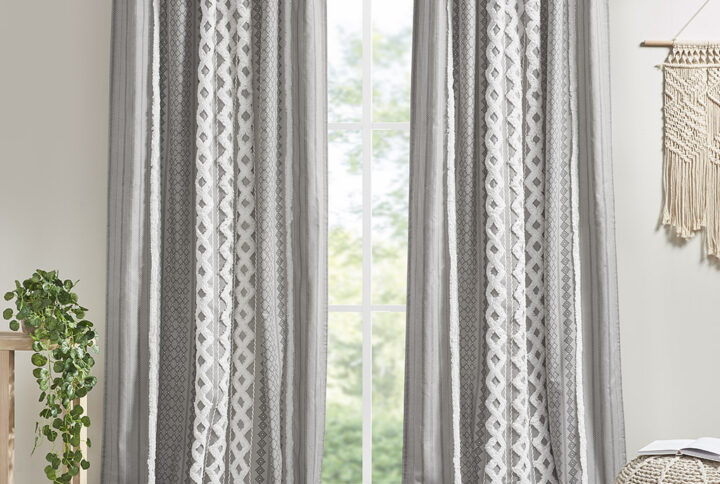 Imani Cotton Printed Curtain Panel with Chenille Stripe and Lining in Gray From INK+IVY