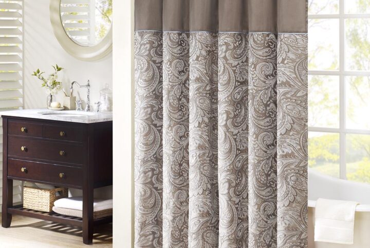 Aubrey Jacquard Shower Curtain in Blue/Brown From Madison Park