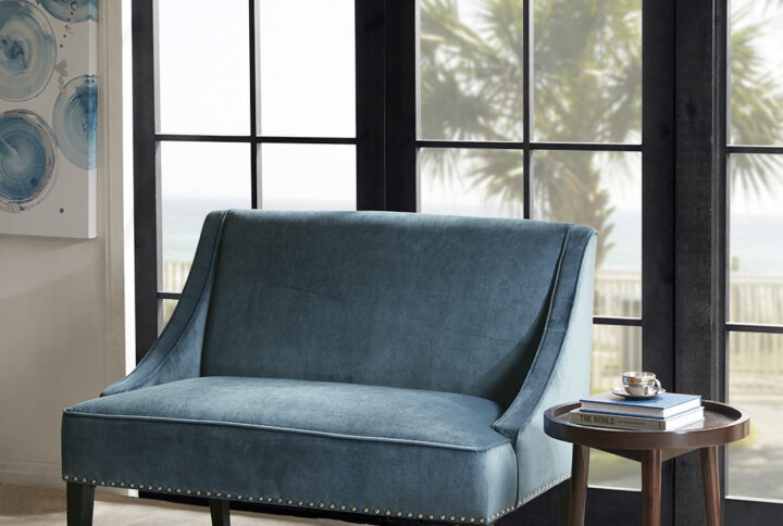 Avalon Swoop Arm Settee in Blue/Brown From Madison Park