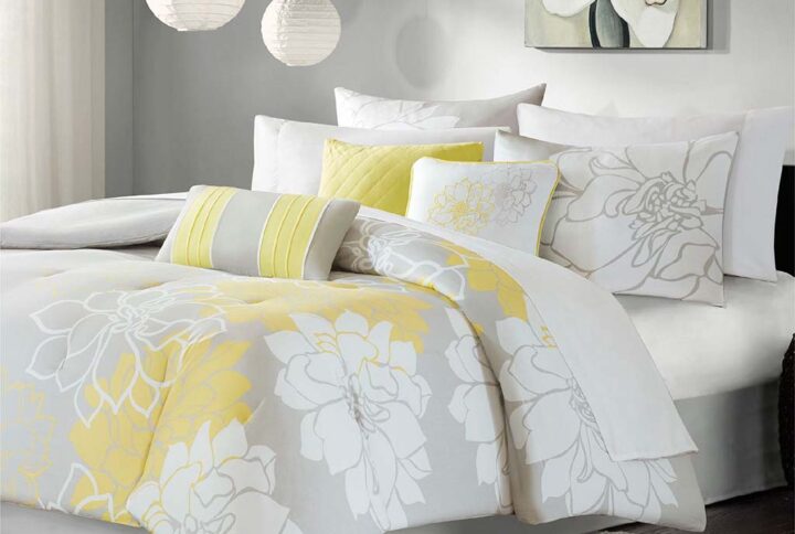 Lola Printed Cotton Sateen Comforter Set in Taupe Grey/Yellow From Madison Park