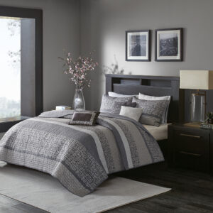 Rhapsody 6 Piece Reversible Jacquard Quilt Set with Throw Pillows in Grey/Taupe From Madison Park