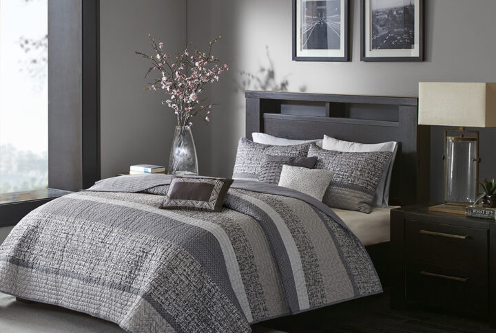 Rhapsody 6 Piece Reversible Jacquard Quilt Set with Throw Pillows in Grey/Taupe From Madison Park