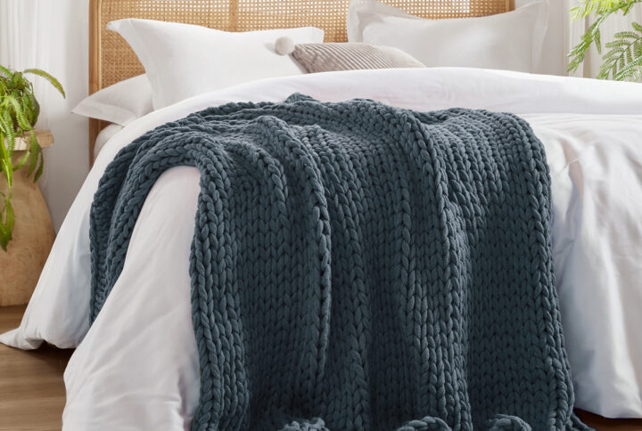 Chunky Double Knit Hand Made Chunky Double Knit Throw Blanket in Indigo From Madison Park