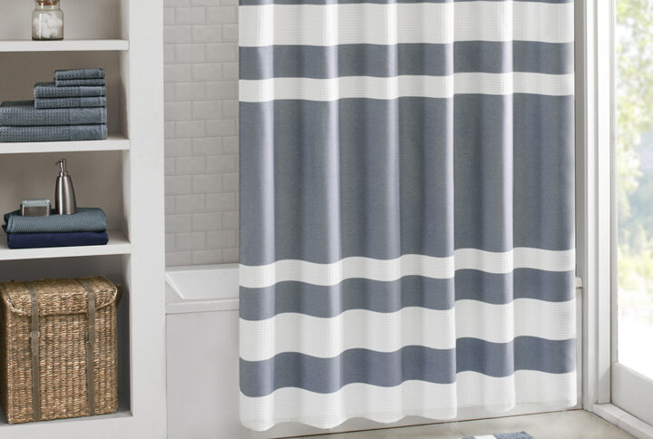 Spa Waffle Shower Curtain with 3M Treatment in Dark Blue From Madison Park