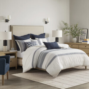 Murphy Oversized Cotton Jacquard Comforter Set with Euro Shams and Throw Pillows in Blue From Madison Park Signature