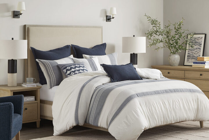 Murphy Oversized Cotton Jacquard Comforter Set with Euro Shams and Throw Pillows in Blue From Madison Park Signature