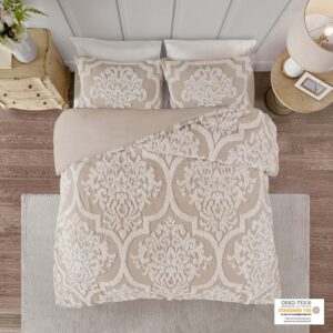 Viola 3 piece Tufted Cotton Chenille Damask Duvet Cover Set in Taupe From Madison Park