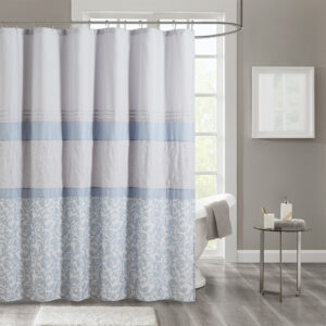 Ramsey Printed and Embroidered Shower Curtain in Blue From 510 Design