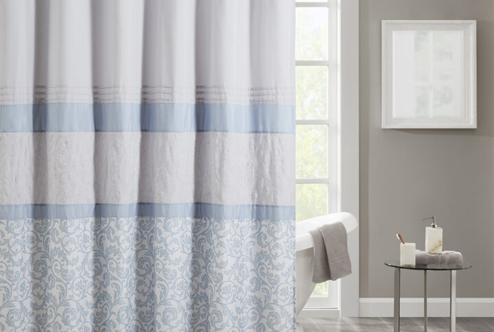 Ramsey Printed and Embroidered Shower Curtain in Blue From 510 Design