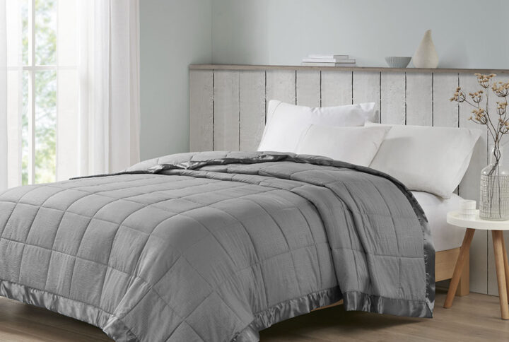 Cambria Oversized Down Alternative Blanket with Satin Trim in Charcoal From Madison Park