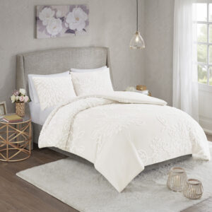 Veronica 3 Piece Tufted Cotton Chenille Floral Comforter Set in Off-White From Madison Park