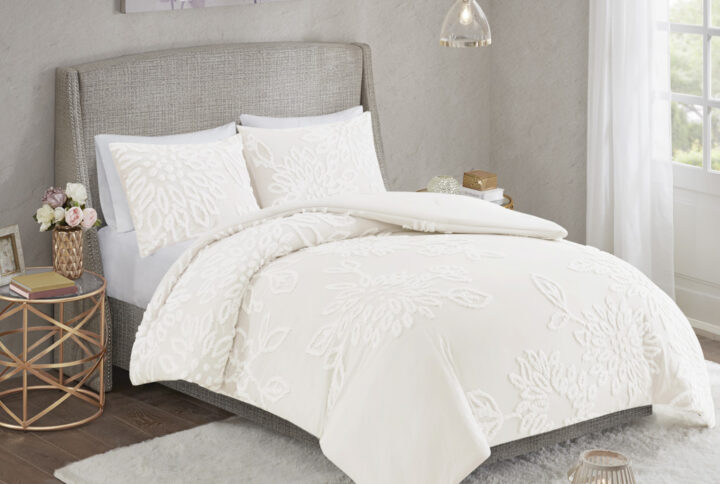 Veronica 3 Piece Tufted Cotton Chenille Floral Comforter Set in Off-White From Madison Park