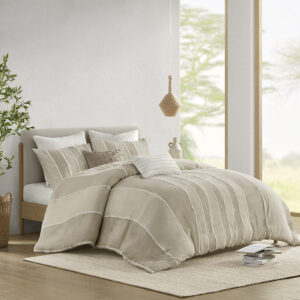 Shay 3 Piece Striped Cotton Duvet Cover Set in Taupe From INK+IVY