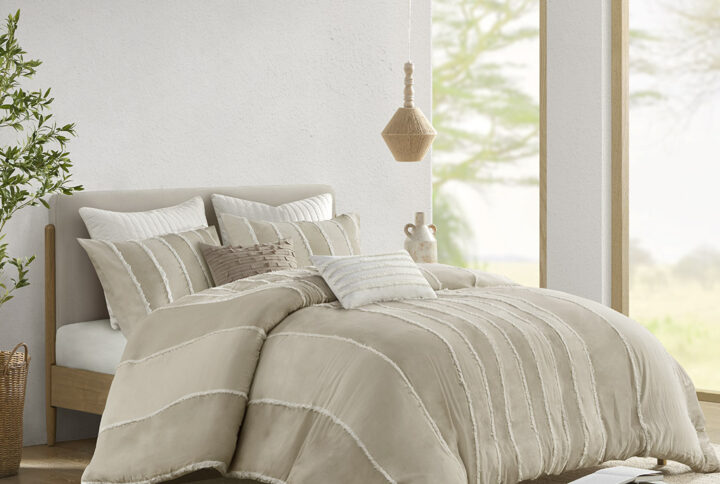 Shay 3 Piece Striped Cotton Duvet Cover Set in Taupe From INK+IVY