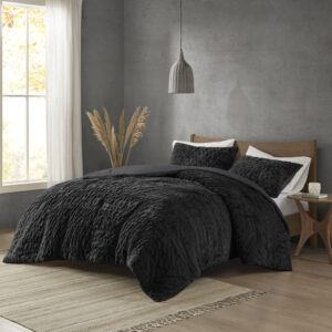 Blair Ruched Fur Down Alternative Comforter Set in Black From Madison Park