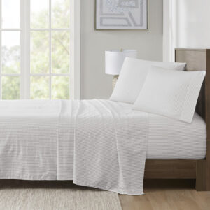 200 Thread Count Printed Cotton Sheet Set in Grey Stripe From Madison Park Essentials