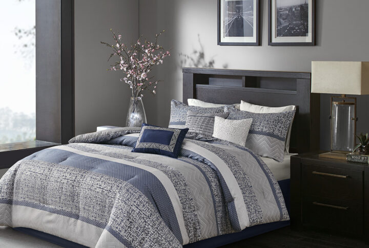 Rhapsody 7 Piece Jacquard Comforter Set in Navy From Madison Park