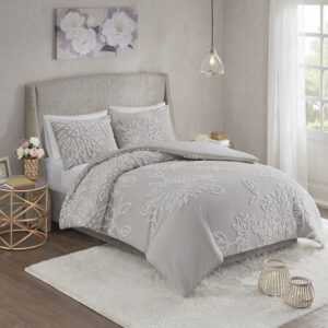 Veronica 3 Piece Tufted Cotton Chenille Floral Comforter Set in Warm Grey/White From Madison Park