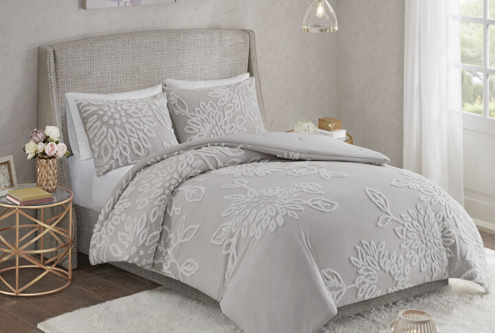 Veronica 3 Piece Tufted Cotton Chenille Floral Comforter Set in Warm Grey/White From Madison Park