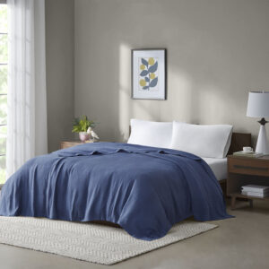 Freshspun Basketweave Cotton Blanket in Navy From Madison Park