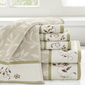 Serene Embroidered Cotton Jacquard 6 Piece Towel Set in Green From Madison Park