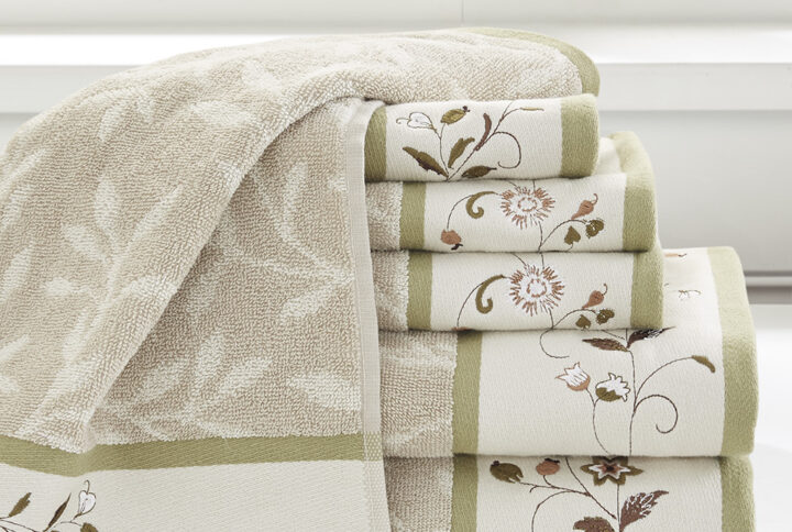 Serene Embroidered Cotton Jacquard 6 Piece Towel Set in Green From Madison Park