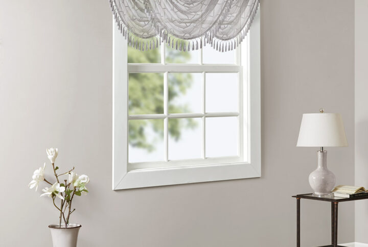 Irina Diamond Sheer Embroidered Waterfall Valance in Grey From Madison Park