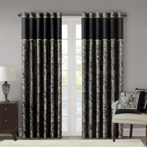 Aubrey Jacquard Curtain Panel Pair in Black From Madison Park