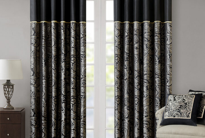 Aubrey Jacquard Curtain Panel Pair in Black From Madison Park