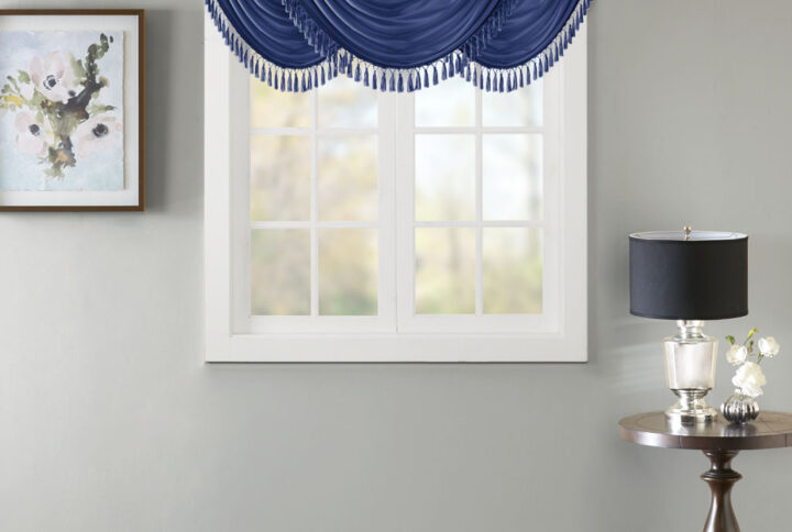 Elena Faux Silk Waterfall Embellished Valance in Navy From Madison Park