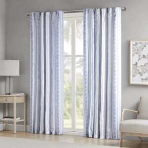 Veronica Poly Printed Curtain Panel with Tufted Stripe and Lining in White/Navy From Madison Park