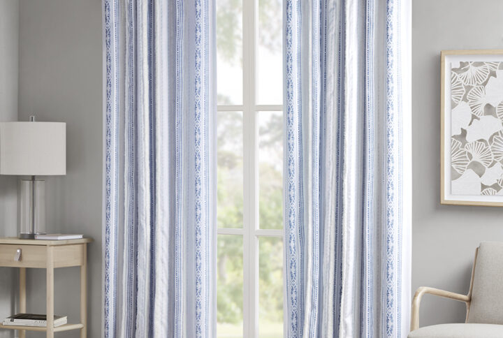 Veronica Poly Printed Curtain Panel with Tufted Stripe and Lining in White/Navy From Madison Park