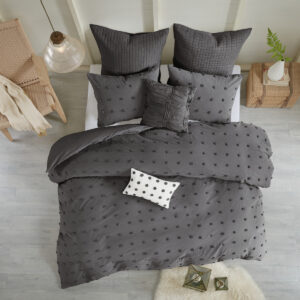 Brooklyn Cotton Jacquard Duvet Cover Set with Euro Shams and Throw Pillows in Charcoal From Urban Habitat