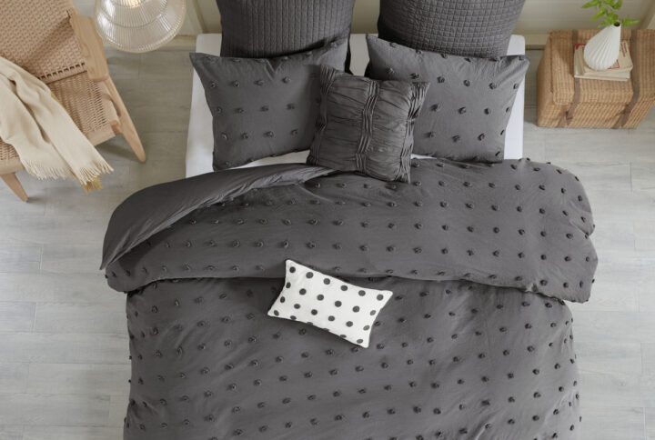 Brooklyn Cotton Jacquard Duvet Cover Set with Euro Shams and Throw Pillows in Charcoal From Urban Habitat