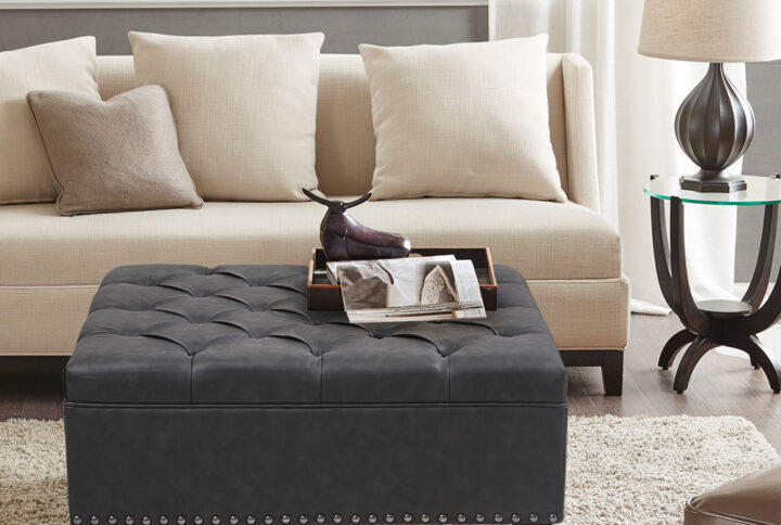 Lindsey Tufted Square Cocktail Ottoman in Charcoal From Madison Park