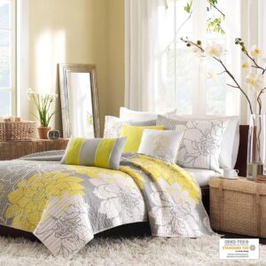 Lola 6 Piece Printed Cotton Quilt Set with Throw Pillows in Taupe Grey/Yellow From Madison Park