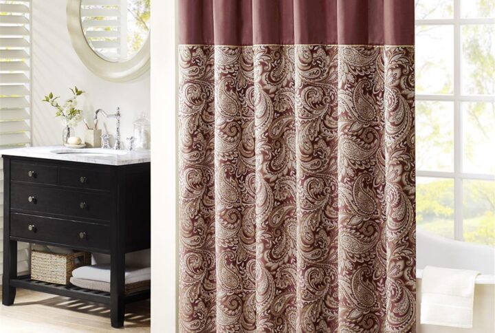 Aubrey Jacquard Shower Curtain in Burgundy From Madison Park