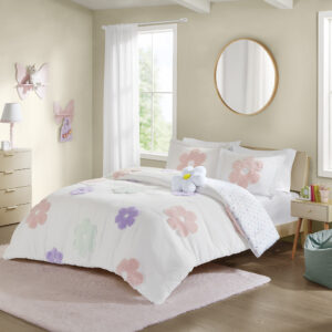 Gracie Floral Reversible Tufted Chenille Comforter Set with Flower Throw Pillow in White/Purple From Urban Habitat Kids