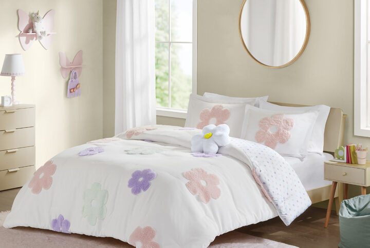 Gracie Floral Reversible Tufted Chenille Comforter Set with Flower Throw Pillow in White/Purple From Urban Habitat Kids