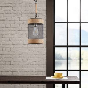 Orion Natural Rope and Metal Mesh Cylinder Pendant in Natural/Black From INK+IVY