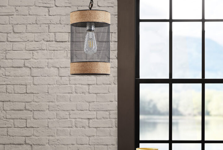 Orion Natural Rope and Metal Mesh Cylinder Pendant in Natural/Black From INK+IVY