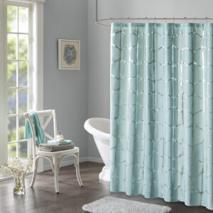 Raina Printed Metallic Shower Curtain in Aqua/Silver From Intelligent Design