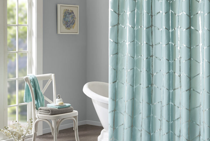 Raina Printed Metallic Shower Curtain in Aqua/Silver From Intelligent Design