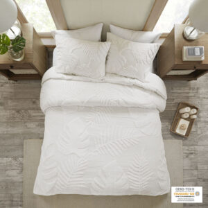 Bahari 3 Piece Tufted Cotton Chenille Palm Duvet Cover Set in Off-White From Madison Park