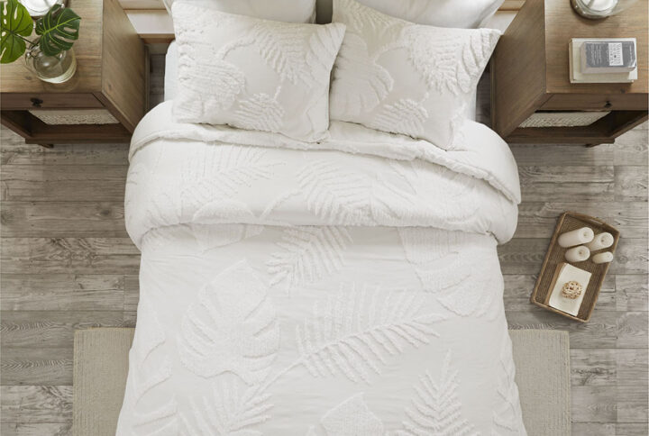 Bahari 3 Piece Tufted Cotton Chenille Palm Duvet Cover Set in Off-White From Madison Park