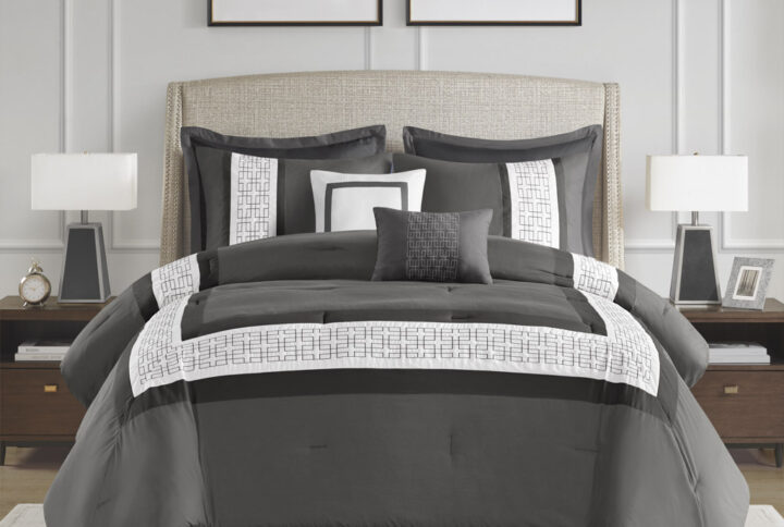 Powell 8 Piece Embroidered Comforter Set in Dark Grey From 510 Design