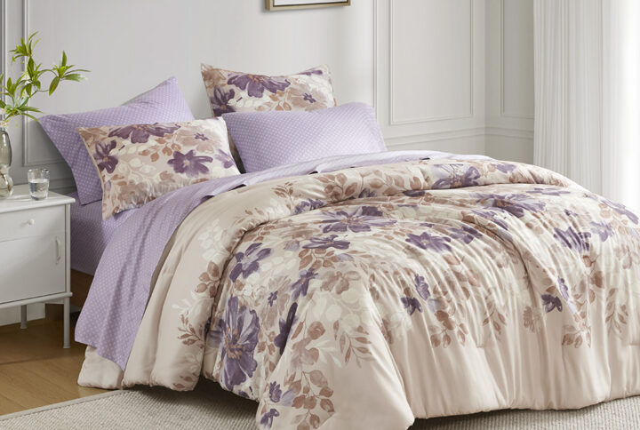 Luna Floral Comforter Set with Bed Sheets in Taupe From Madison Park Essentials