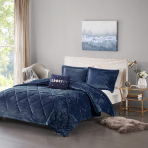 Felicia Velvet Comforter Set with Throw Pillow in Navy From Intelligent Design