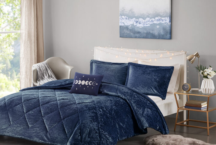 Felicia Velvet Comforter Set with Throw Pillow in Navy From Intelligent Design